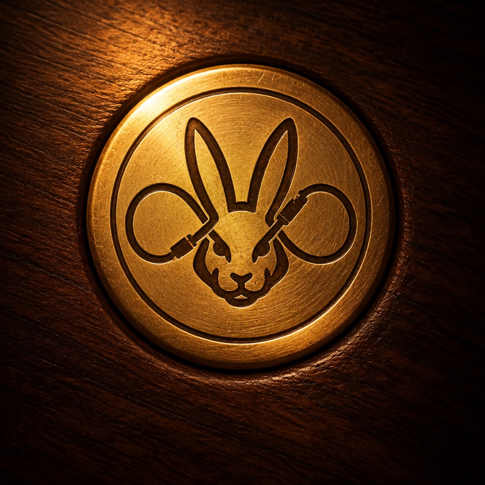 Brass medal engraved with a rabbit, resting on walnut