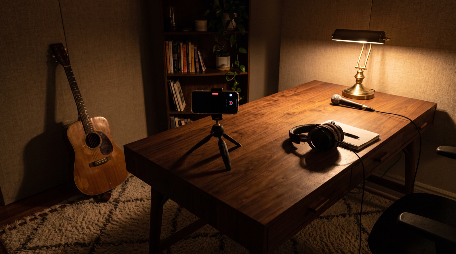 A small home studio at night: a phone on a tripod, headphones and a guitar under a brass lamp