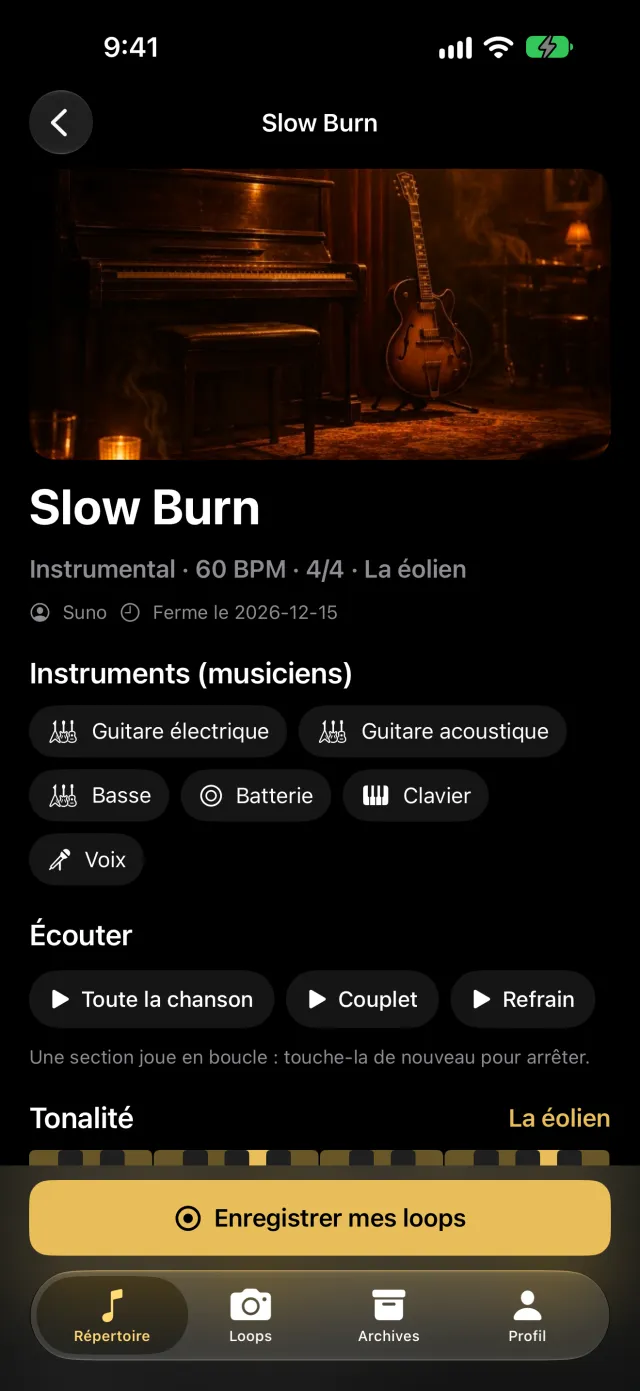 Écran « La chanson » de l’app Lapiloop