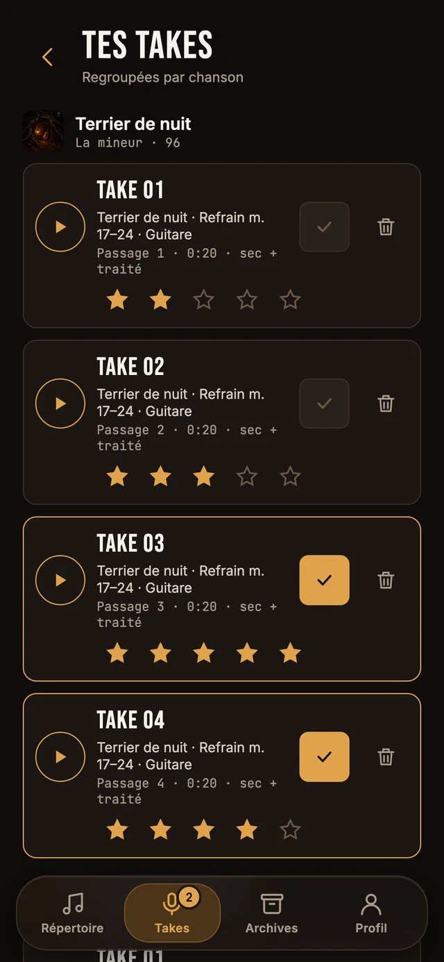 “Your takes” screen of the Lapiloop app